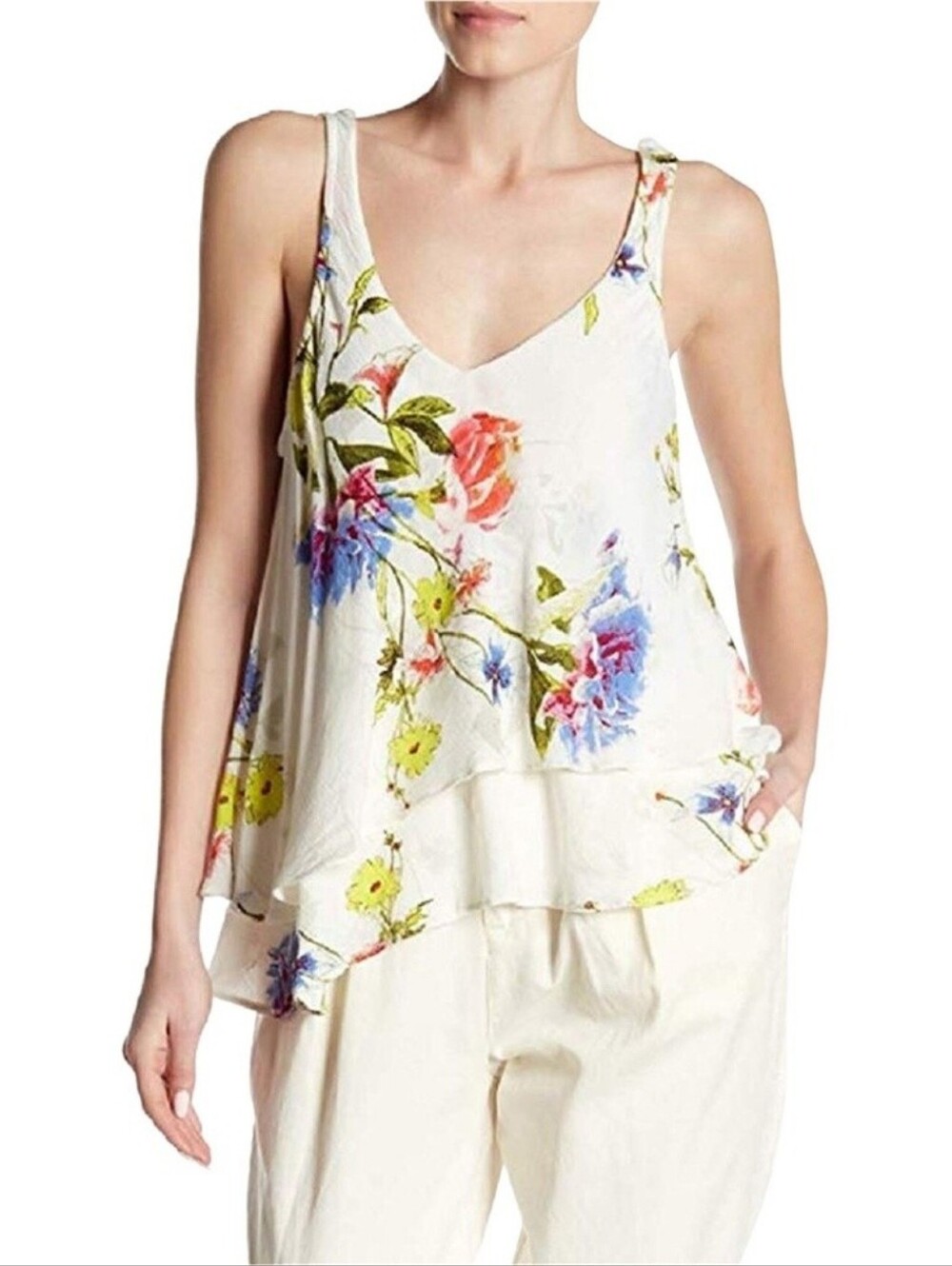 Free People Ivory Comb layered tank top with wildflowers - Picture 2 of 8
